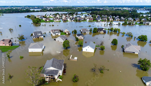 住宅街で洪水に飲み込まれた家屋。自然災害。冠水。氾濫。Houses engulfed by floodwaters in a residential area. Natural disaster. Flooding. Inundation.