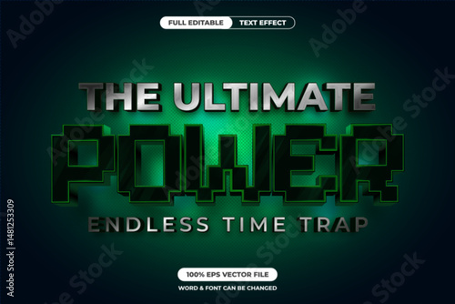 Futuristic 3D text effect with metallic silver and green neon style, ideal for sci-fi titles, tech intros, or game branding with a mysterious and powerful vibe