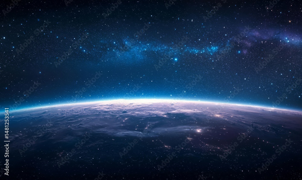 Obraz premium Earth’s horizon visible against a backdrop of shimmering stars.