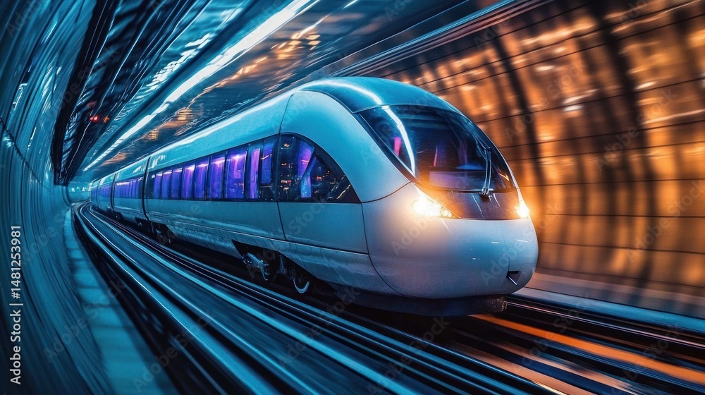 Naklejka premium Modern high-speed train moving fast through illuminated tunnel with vibrant blue and orange lights creating dynamic motion effect