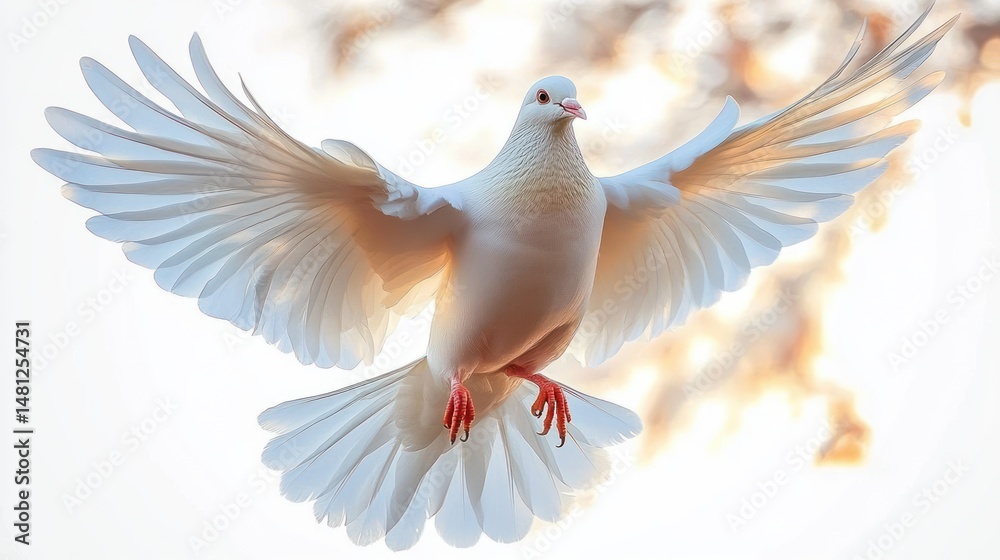 Obraz premium White dove with wings fully spread in mid-flight against blurred light background, symbolizing peace and freedom