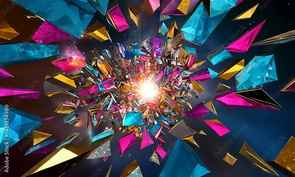 Colorful geometric shapes explode in space.