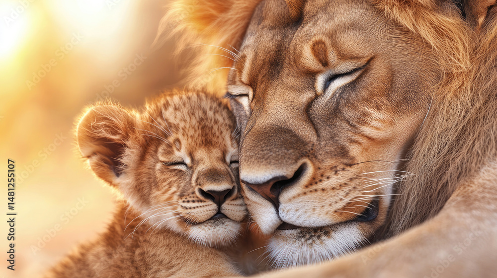Naklejka premium Close-up of a lion and its cub sharing an intimate moment. Sunlight glows