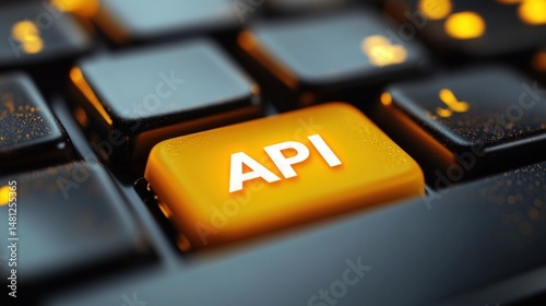 Close-up of a keyboard with a brightly lit yellow key labeled API surrounded by dark keys, symbolizing technology and programming interface