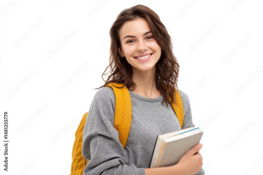 A young, smiling woman, a student with a backpack, holds a book against a white background A young, smiling woman, a student with a backpack, holds a book against a white background