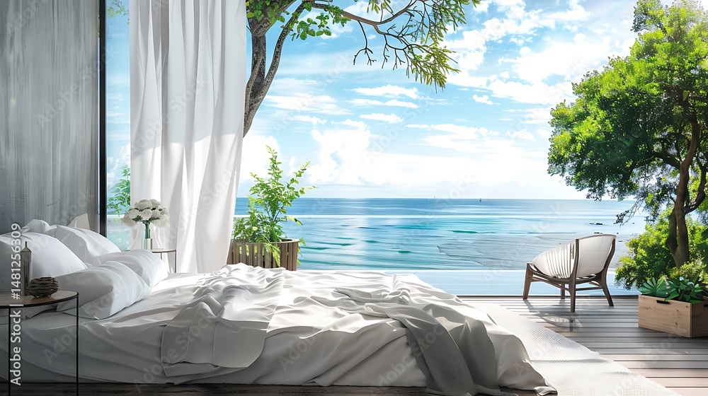 Fototapeta premium Luxury Bedroom with Ocean View White Bedding and Outdoor Balcony and Sunlight