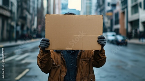 Wallpaper Mural Close-up of homeless individual with cardboard sign on quiet urban street with empty buildings behind Torontodigital.ca