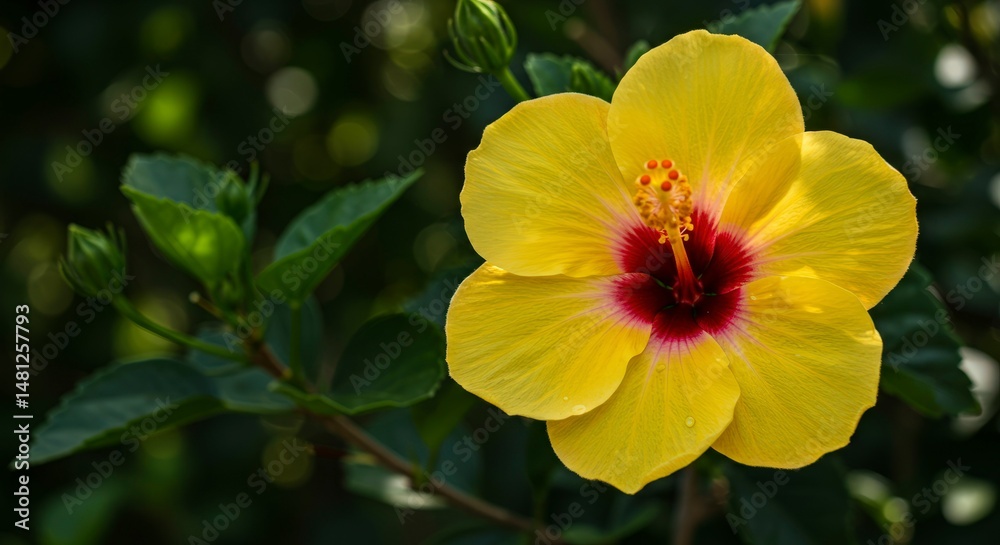 Obraz premium Radiant Yellow Hibiscus Blossom with Dark Red Center in Natural Setting