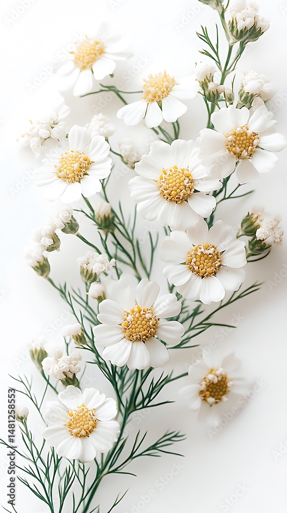 Fototapeta premium Delicate white chamomile flowers are elegantly arranged with green foliage against a bright background