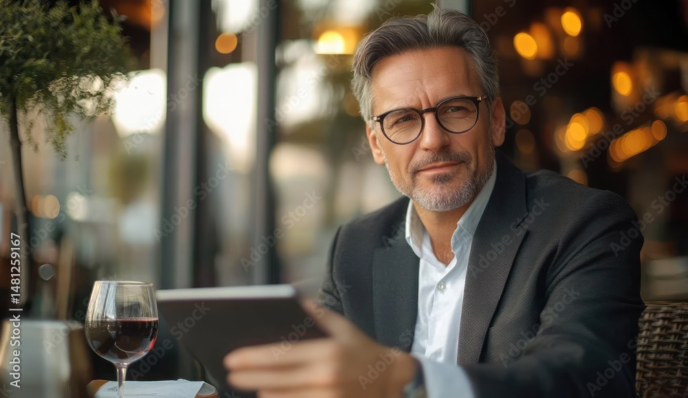 Fototapeta premium mature man wearing glasses and suit sitting at a table in a warm-lit restaurant holding a tablet with a glass of red wine beside him