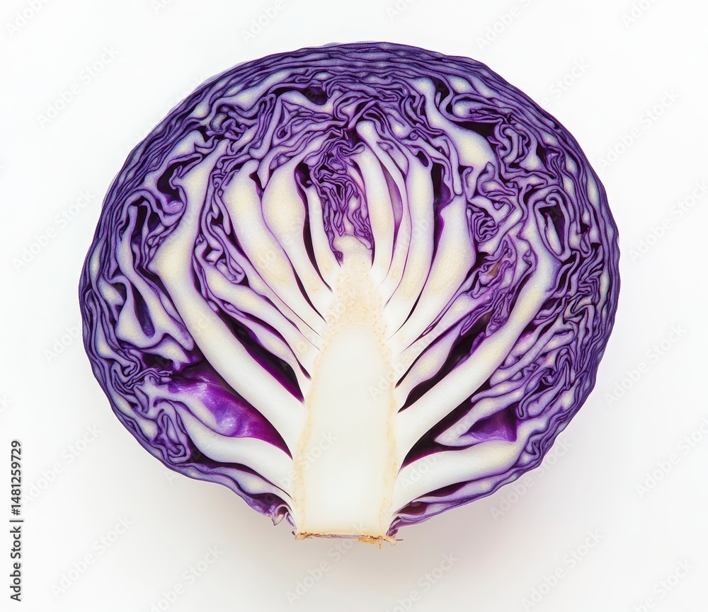 Obraz premium Closeup View of a Purple Cabbage Cross Section Against a White Background