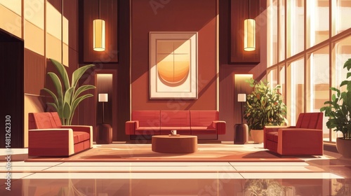 A contemporary hotel lobby showcasing spacious elegance.