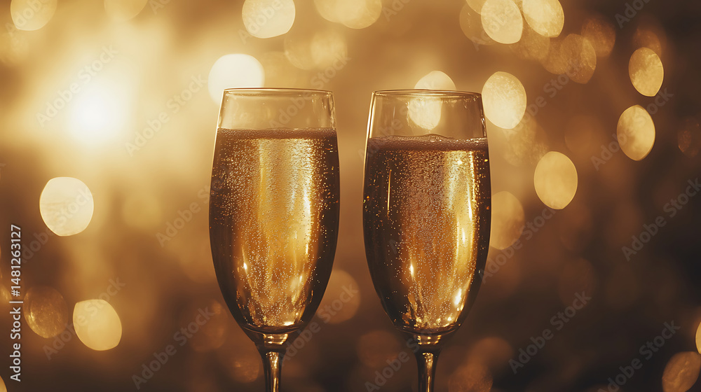 Two Champagne Flutes Toasting in the Golden Light of Celebration Two Champagne Flutes Toasting in the Golden Light of Celebration