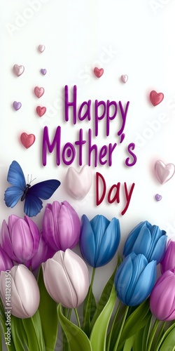 Colorful tulips adorned with a butterfly and hearts create a vibrant design celebrating Mother's Day, expressing love and appreciation for mothers everywhere
