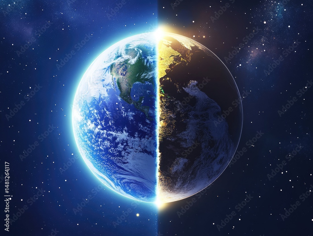 Obraz premium Earth divided between day and night, illuminated by starlight.