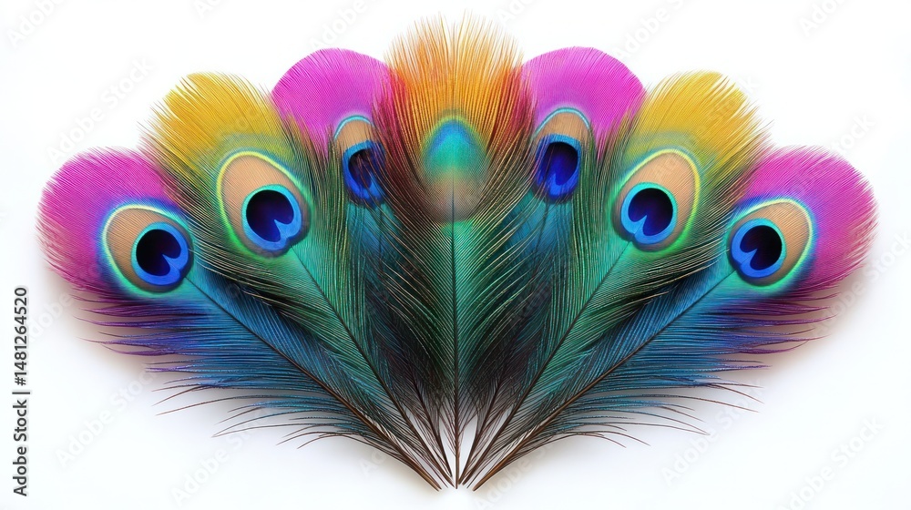 Obraz premium A fan arrangement of colorful peacock feathers with vibrant blue, green, pink, and yellow hues on a white background