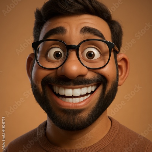 Cartoon man with glasses and a beard smiling widely showing his teeth in a close up portrait view