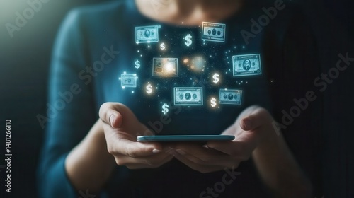 Wallpaper Mural Digital Banking and Financial Technology Concept. A person presents digital banking and financial technology icons, and currency symbols, emphasizing modern online payment systems and e-commerce. Torontodigital.ca