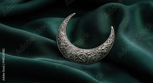 silver crescent-shaped decorative piece with intricate floral engravings resting on dark green silk fabric conveying elegance and calmness