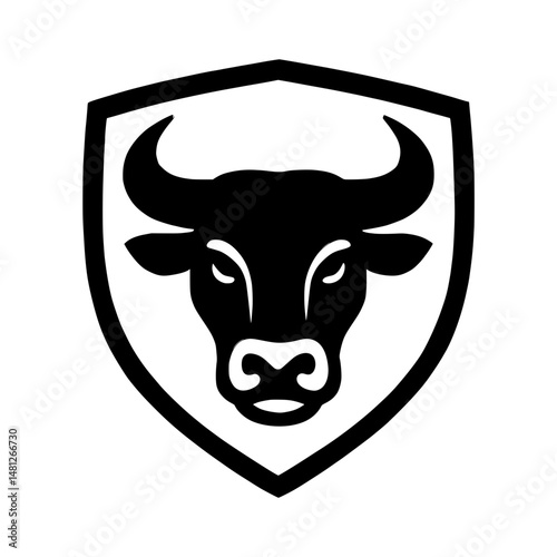 Bold Black Bull Head Vector Logo in Shield Frame