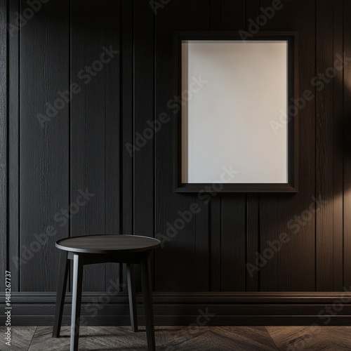 Dark Minimalist Interior Design Mockup Black Wooden Wall, Round Table, and Empty Frame