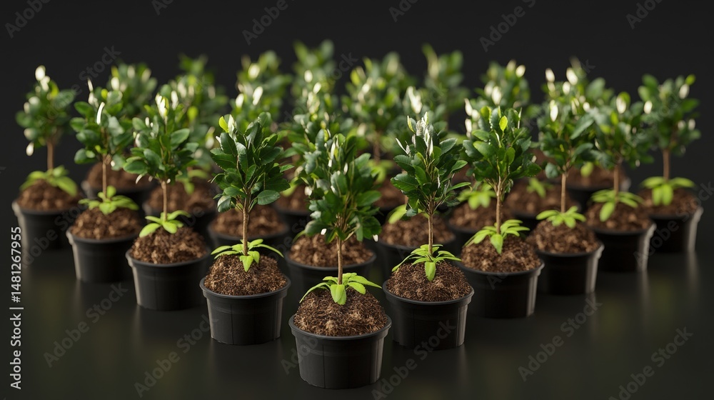 Rows of small boxwood shrubs planted in black plastic pots on a dark, reflective surface are displayed.