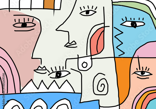 abstract cubism style portraits with expressive faces and geometric shapes.
