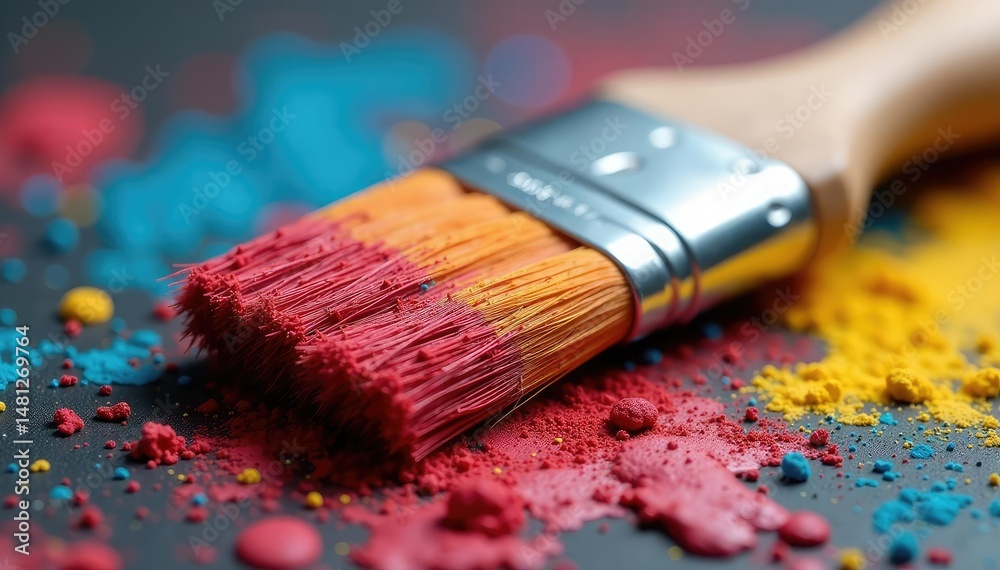 Fototapeta premium Close-up of worn paintbrush bristles, vibrant colors, paintbrush, fine art supplies