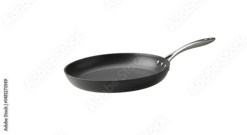 Black frying pan with silver handle isolated on transparent background