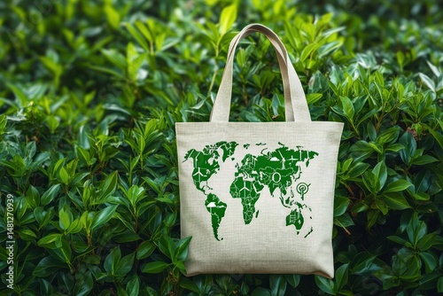 Beige reusable tote bag with a green world map design featuring eco symbols held against lush green shrubbery background
