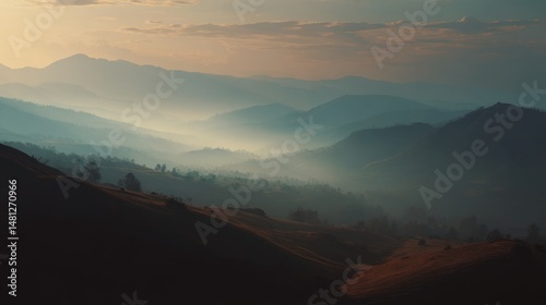 over a misty mountain landscape golden hour glow, cinematic shadows, hopeful ...