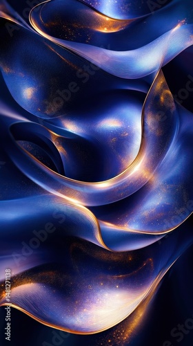 Abstract flowing blue and gold waves with sparkling light particles creating a smooth, dynamic, and elegant visual texture