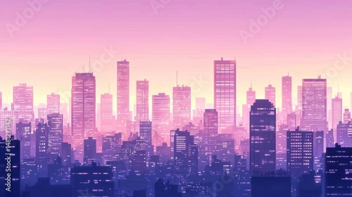 Artistic representation of a skyline with distinctive pixelated window shapes.