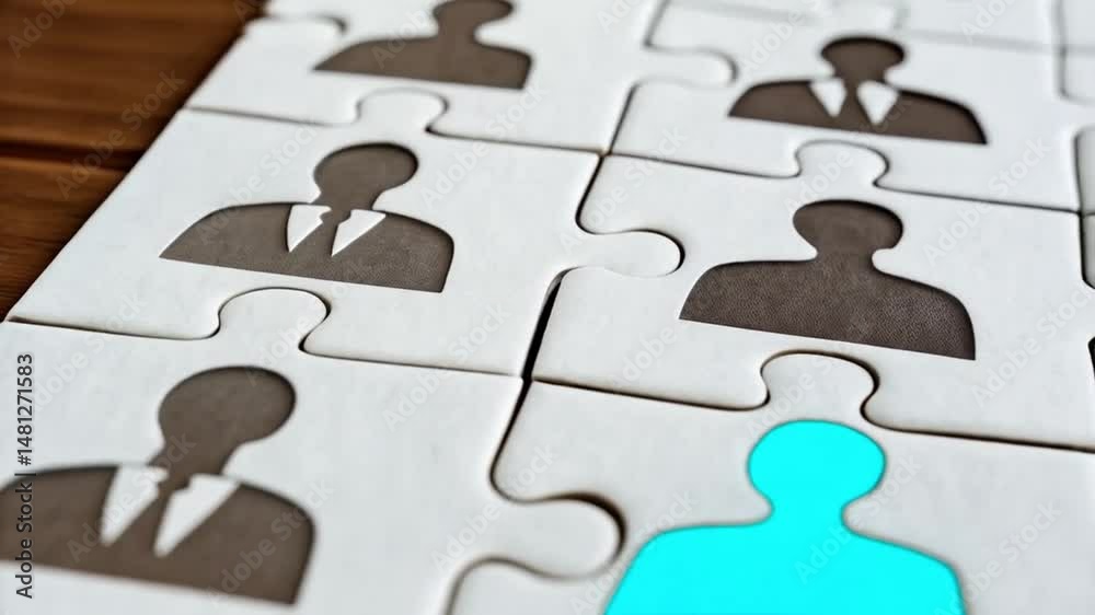 Puzzle pieces forming people silhouettes with one blue piece on a wooden surface close up view
