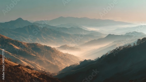 over a misty mountain landscape golden hour glow, cinematic shadows, hopeful ...