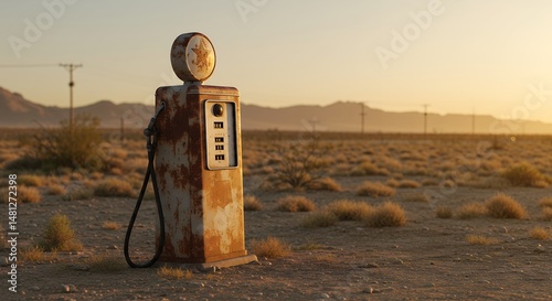 Vintage Gas Pump in Desert Landscape