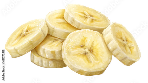 Ripe banana slices isolated on transparent background, healthy tropical fruit snack for diet and breakfast