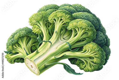 Fresh green broccoli florets with stem isolated on transparent background..