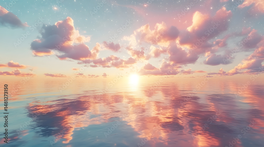 Fototapeta premium Sunset Serenity: Capturing a moment of tranquility, a breathtaking seascape showcases the sun's descent, painting the sky with hues of orange and purple, as the clouds mirror the sky on the water.
