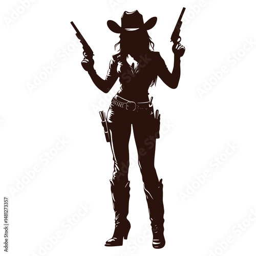 Female warrior in futuristic gear with guns