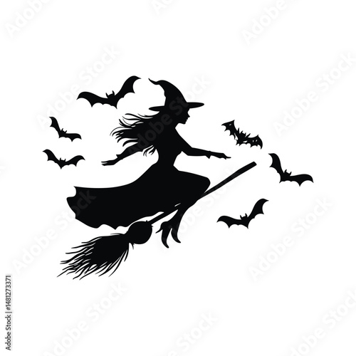 Witch on broomstick with bats flying