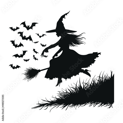 Witch walking with broom and bats flying