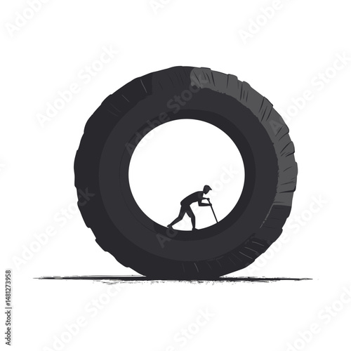 Man pushing giant tire silhouette