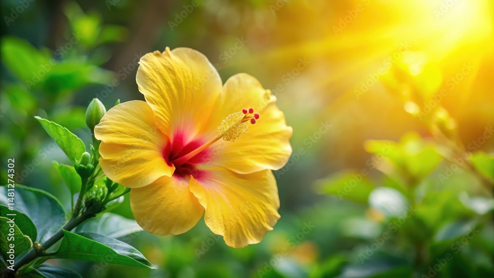 Fototapeta premium Close up shot of a stunning yellow hibiscus flower in a lush green garden with soft focus and warm lighting, flower power, elegance