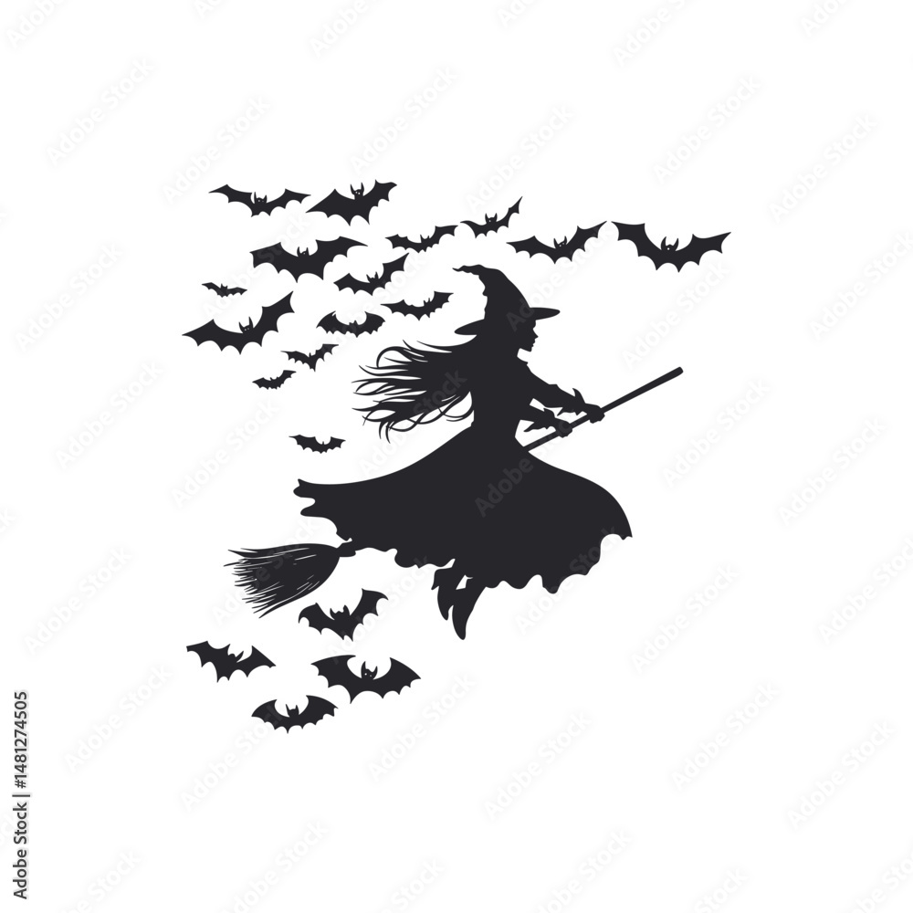 Fototapeta premium Witch flying through bats in silhouette