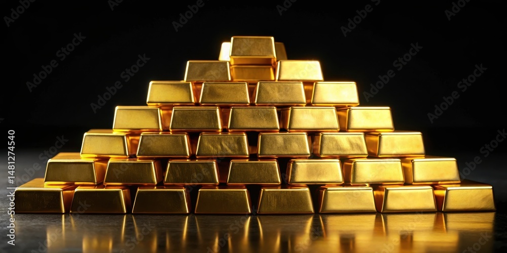 Fototapeta premium Piles of gold bullion bars stacked on black background