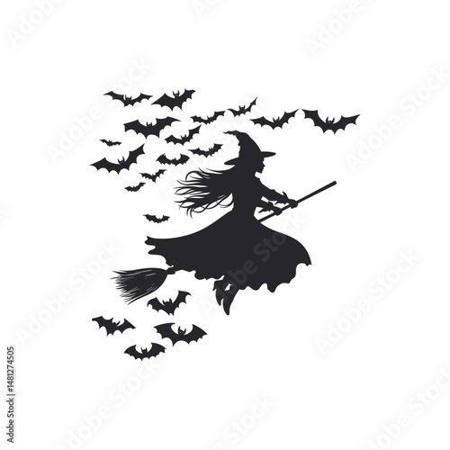 Witch flying through bats in silhouette