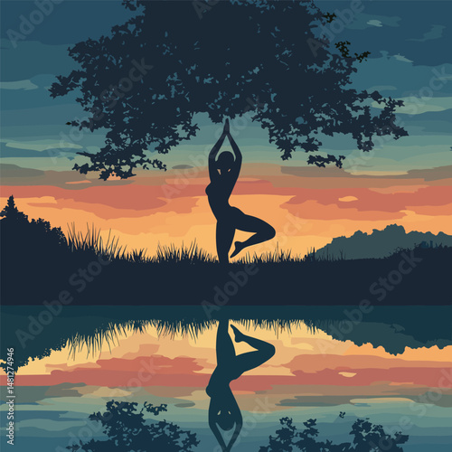 Girl reflecting by lake during sunset