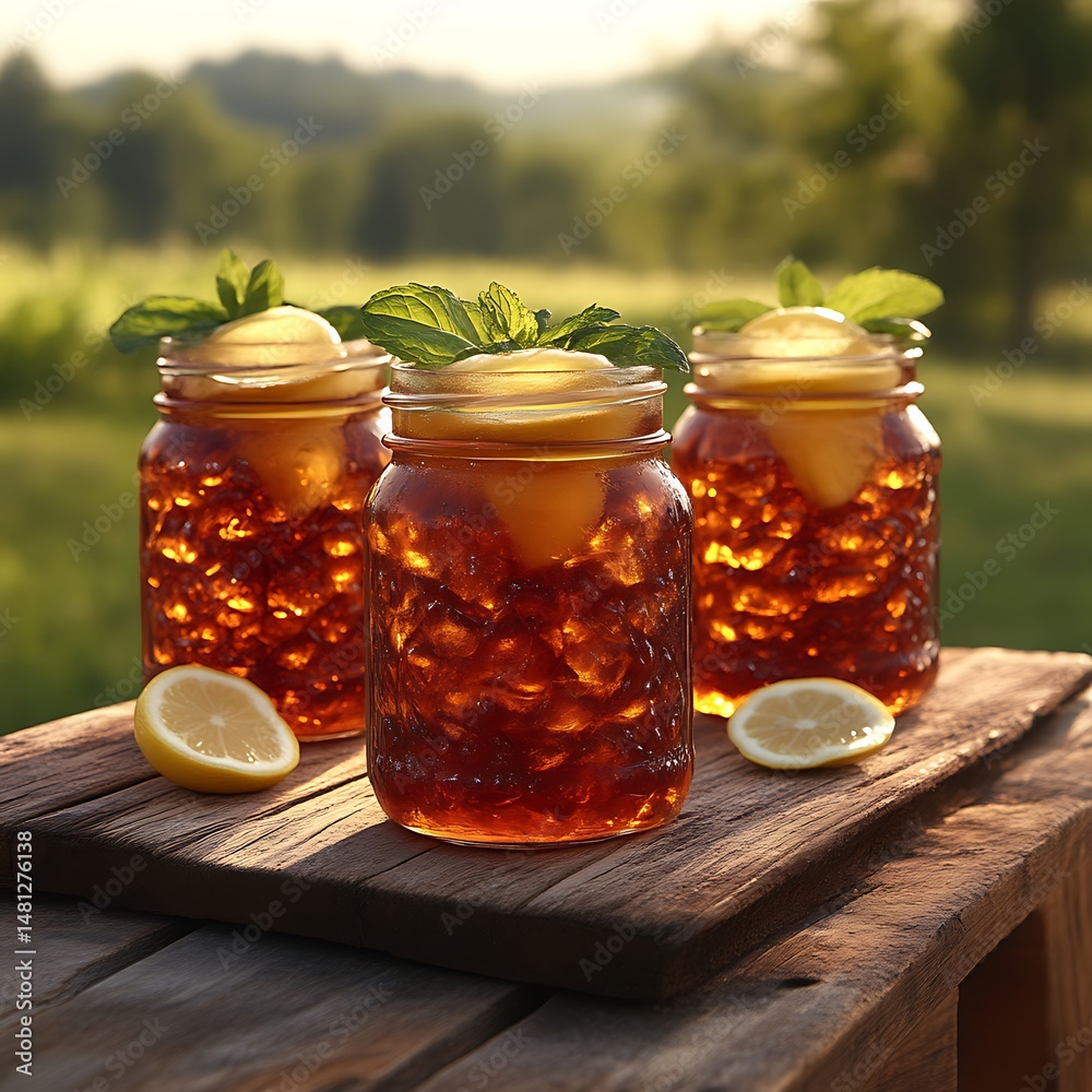 Iced tea in mason jars, garnished with fresh mint and lemon slices, on a rustic wooden cutting board outdoors Iced tea in mason jars, garnished with fresh mint and lemon slices, on a rustic wooden cutting board outdoors