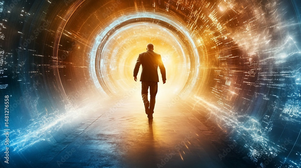 Fototapeta premium A Businessman Entering A Digital Portal To Future Innovation And Success